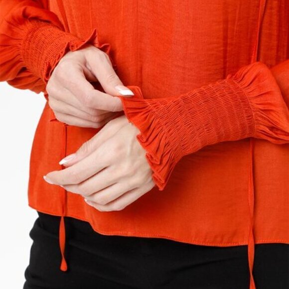 Rebecca Taylor Deep Orange Tie-Front Puff Sleeve V-Neck Top  Size Small - Picture 3 of 4